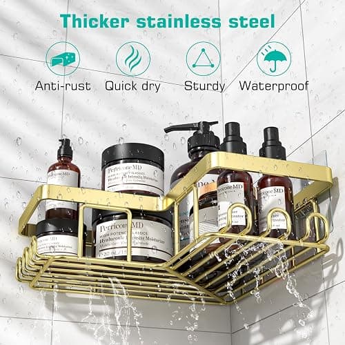 YASONIC Corner Shower Caddy, 3-Pack Adhesive Bathroom Caddy with Soap Holder and 12 Hooks, Rustproof Stainless Steel Shower Organizer, No Drilling Wall Mounted Shower Rack, for Bathroom, Gold thumbnail 4