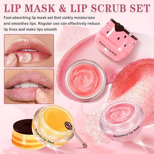 LZXLUKGIR 4PCS Lip Scrub and Mask Set,Strawberry and Honey Pot Lip Balm,Reduces Lip Lines Lip Exfoliator Scrub and Moisturizer,Repair Bee Lip Balm and Lip Scrub Set,Lip Mask Overnight thumbnail 2