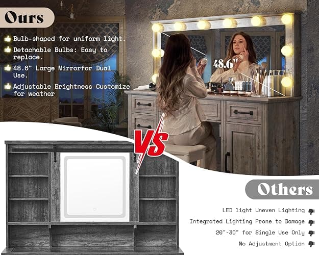 AMERLIFE 55" W Makeup Vanity with Hollywood Mirror, Glass Top Vanity with 5 Drawers & Charging Station, 10 Detachable Light Bulbs, Adjustable Brightness, Light Oak thumbnail 6