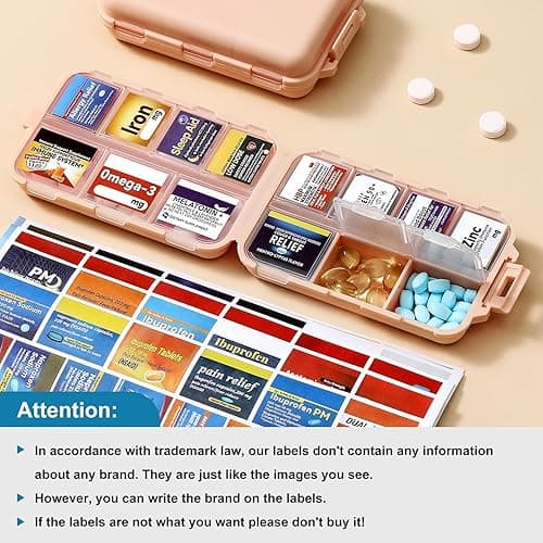 3 Pack 14 Grids Travel Pill Organizer Box with 415-Pcs Medicine Name Labels - Pocket Daily Pharmacy Case Container Kit - Travel Medication Holder Dispenser for Fish Oil Vitamin, Khaki+Pink+Sky Blue thumbnail 5