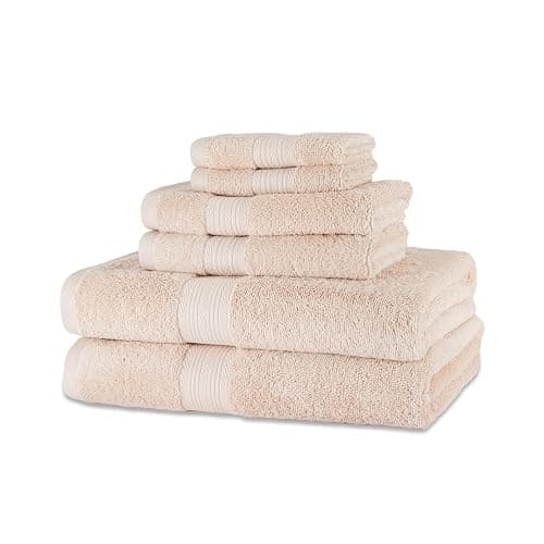 Amazon Basics Fade Resistant Bath, Hand and Washcloth Towel Set, 100% Cotton, Set of 6, 30 x 54 inches, Blush Pink - Image 1