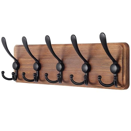 SKOLOO Rustic Wall Mounted Coat Rack: 16" Hole to Hole, Pine Real Wood Plank Wall Coat Rack with 5 Triple Hooks, Farmhouse Coat Hanger Wall Mount for Hanging Backpack Jacket Coat Hat - Image 1