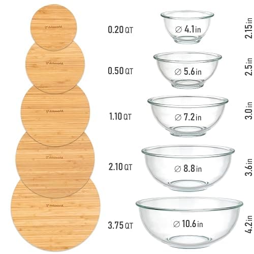 dokaworld Stackable Space-Saving Set of 5 Nesting Glass Bowls with Bamboo Lids for Foodprep, Storage, Baking, Mixing & Cooking, Microwave & Oven Safe BPA Free Heat Resistant Inert Borosilicate Glass thumbnail 3