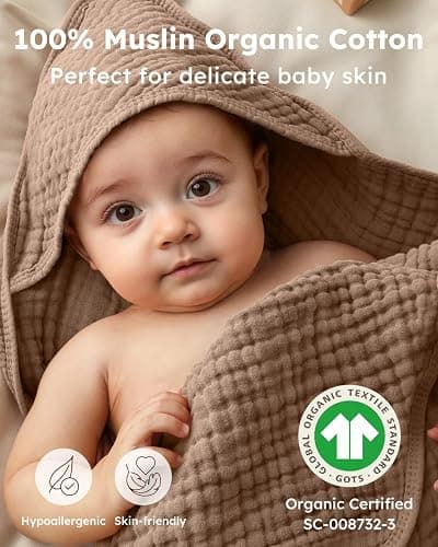 Yoofoss Hooded Baby Towels for Newborn 2 Pack 100% Muslin Organic Cotton Baby Bath Towel with Hood for Babies, Infant, Toddler and Kids, 32x32Inch, Soft and Absorbent Newborn Essential, Beige&Coffee thumbnail 2