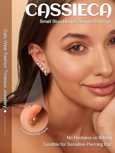 CASSIECA 12 Paar Ohrringe Gold Silber Set, 316L Chirurgenstahl Ohrringe für Damen Herren Medizinische Ohrstecker und Creolen für Mehrfachpiercing 14K Vergoldet Helix Tragus Piercing Ohr Gold Silber thumbnail 2