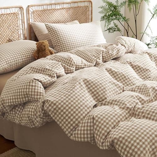 Nayoroom Gingham Duvet Cover Queen Size 100% Washed Cotton Brown Tan Plaid Checkered Comforter Cover 3 Pcs Soft Breathable Grid Farmhouse Dorm Bedding Set for All Seasons thumbnail 2