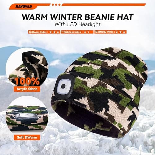 MANWALD LED Beanie Hat with Light, USB Rechargeable LED Headlamp, Christmas Stocking Stuffers for Men Adults, Gifts for Men Him Husband, Camouflage, 2PCS thumbnail 4