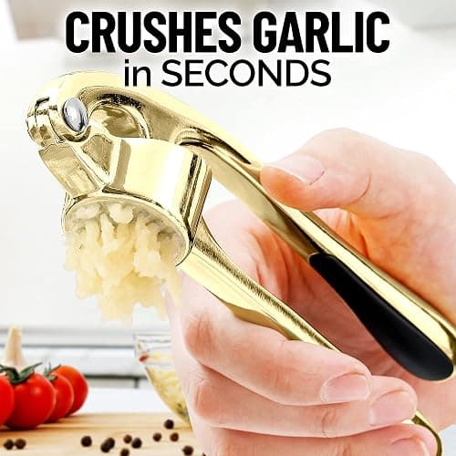 Zulay Kitchen Premium Garlic Press with Soft, Easy to Squeeze Handle - Includes Silicone Garlic Peeler & Cleaning Brush - 3 Piece Garlic Mincer Tool - Sturdy Easy to Clean Garlic Crusher (Gold) thumbnail 3
