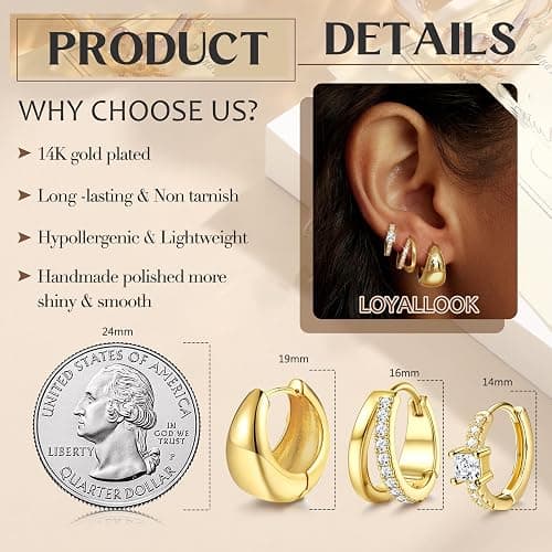 LOYALLOOK 3Pairs Gold Hoop Earrings Set for Women Trendy Huggie Hoop Earrings Stacks for Multiple Piercing 14K Gold Plated Chunky Hoop Earrings Set Hypoallergenic Cartilage Earring Lightweight thumbnail 3