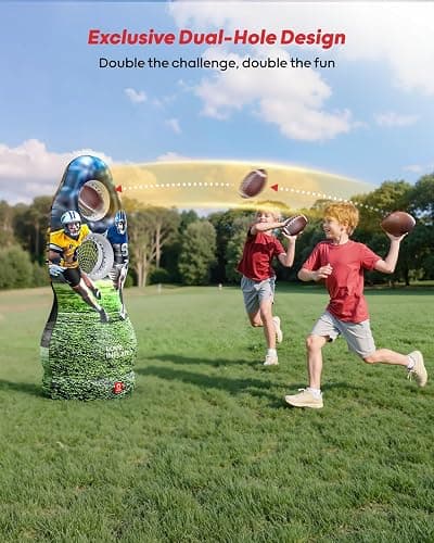 QPAU Dual-Hole Inflatable Football Target for Kids & Adults, Life-Size Backyard Toss Game with 4 Balls, Scoreboard & Pumps – Outdoor Toy for Boys Girls, Sports Training & Family Fun thumbnail 3