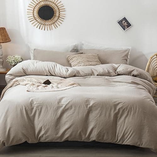 MooMee Bedding Duvet Cover Set 100% Washed Cotton Linen Like Textured Breathable Durable Soft Comfy (Heathered Tannish Linen Grey, Queen 90"x90") - Heathered Tannish Linen Grey (No Comforter) - Queen (90"x90") thumbnail 3
