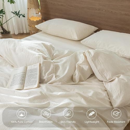 MooMee Striped Duvet Cover Set 100% Washed Cotton Linen Like Textured Breathable Durable Soft Comfy (Almond Milk Grey Pinstripes, Queen 90"x90") thumbnail 3