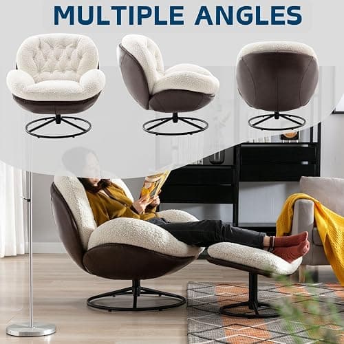 ZH4YOU Swivel Sherpa Accent Chair with Ottoman, Mid Century Modern Lounge Chair with Footrest, Comfy Reading Chair with 360 Degree Metal Base for Small Space/Living Room/Bedroom, White Fur thumbnail 7