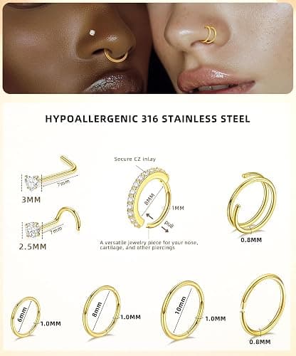Leocuci Nose Piercings Studs Hoop Nose Rings for Women Gold Plated thumbnail 4
