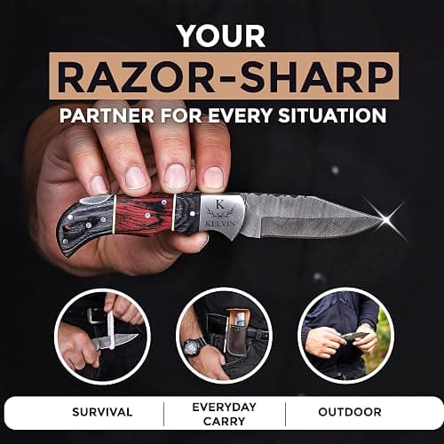 Motiwear Personalized Damascus Folding Pocket Knife, Leather Sheath, | Authentic Damascus steel | Custom laser engraving | Handcrafted leather sheath with belt loop & rod | For EDC & hunting thumbnail 3
