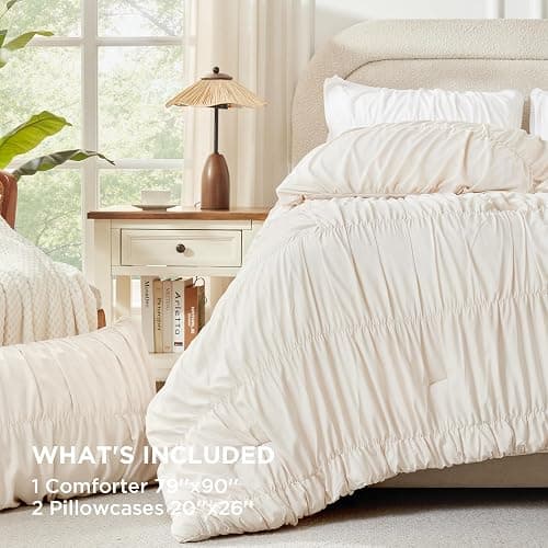 Andency Ruched Beige Full Size Comforter Sets, Shabby Chic Pleatd Bedding Sets 3 Pieces, Lightweight Soft Boho Ruffle Bed Set for Girls, Kids, Women, All Season thumbnail 6