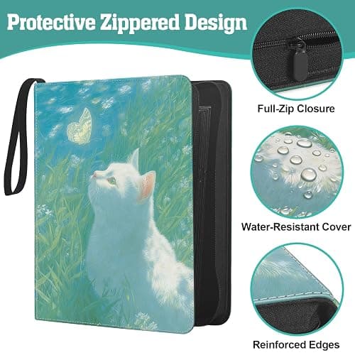 UGYAZX Top Loader Binder, 9 Pocket Holds 360 Top Loaders, Side-Loading Full-Zip Binder with Water-Resistant PU Cover for 3" x 4" Toploaders, TCG, MTG & Sports Cards, Blue Butterfly Cat thumbnail 5