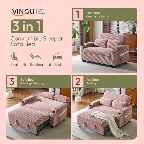 VINGLI Green Futon Sofa Bed Convertible Loveseat Sleeper Sofa Couch, Corduroy Pullout Sofa Fold Out Couch Bed with USB Ports, Cup Holders, Armrest for Living Room, Bedroom Apartment Room thumbnail 3