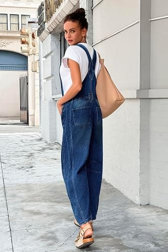 PLNOTME Womens Denim Bib Overalls Barrel Leg Adjustable Strap Jean Jumpsuit | 90s Outfits,Baggy Jumpers,Loose Overalls with Pockets thumbnail 3