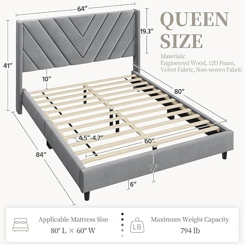 Yaheetech Queen Bed Frame Upholstered Platform Bed with Wing Side/Wooden Slat Support/Tufted Headboard with Wing Side/Mattress Foundation/No Box Spring Needed,Light Grey Queen Bed - Light Grey - Queen thumbnail 2