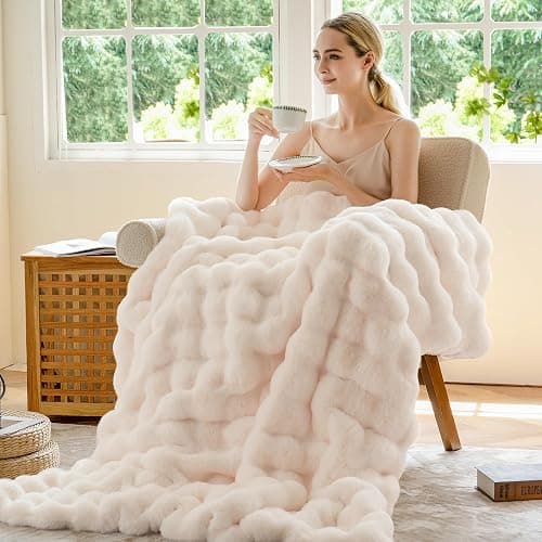 BENVWE Faux Fur Throw Blanket for Couch Bed - Fluffy Soft Thick Bubble Blanket for Living Room Home Decor - Mothers Day Birthday Gifts for Women, Cream White, 63" x 80" thumbnail 7