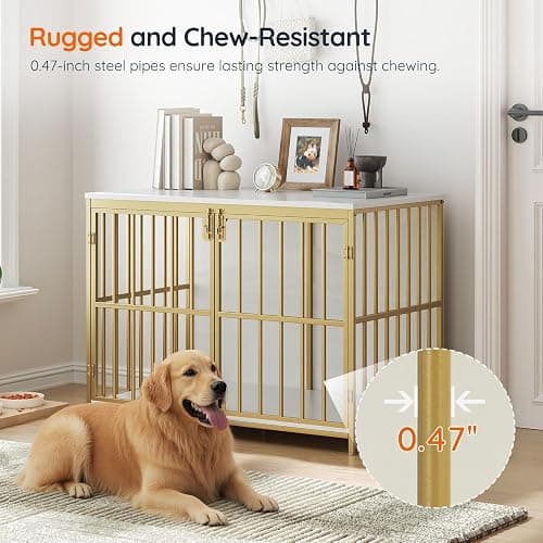 HOOBRO 38.6" Dog Crate Furniture, Wooden Dog Kennel Indoor, Heavy Duty Dog Cage for Small/Medium Dog, Decorative Side End Table, White and Gold DW100GW03 thumbnail 2