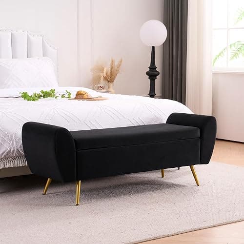 56" Storage Bench for Bedroom King Size Bed, Gold Legs, Velvet Black | Long Ottoman, Modern End of Bed Bench, with Arm, Upholstered, For Bedroom/Living Room/Window/Entryway thumbnail 3
