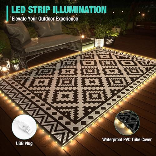 HAUSHOF 5'X8' Outdoor Rug Waterproof with LED Strip Light, Reversible Outdoor Plastic Straw Rug, Patio Rug with 4 Rug Stakes, Outdoor Carpet Mat for RV, Camping, Beach, Porch, Balcony, Black&White thumbnail 3