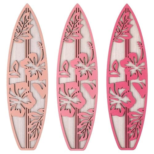 RattanView 3 Pieces Hibiscus Surfboard Decor for Bedroom Wooden Beach Wall Decor Summer Wood Surfboard Wall Hanging Sign for Tropical Living Room Decoration(Pink) - Image 1