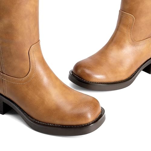 DREAM PAIRS Women's Square Toe Platform Chunky Block Heel Knee High Riding Boots | Square Round Toe,Riding Tall Boots,Side Zipper,Chunky Block Heel,Banana Yellow Brown Color,Summer Fall Fashion Daily Boots thumbnail 5