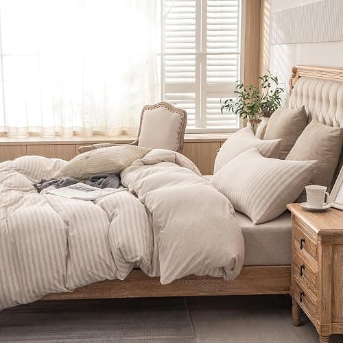 PURE ERA Jersey Knit Duvet Cover Set 100% T-Shirt Heather Cotton Super Soft Comfy Classic Striped Design, with Zipper Closure, Heather Beige Stripe, Queen - Image 1