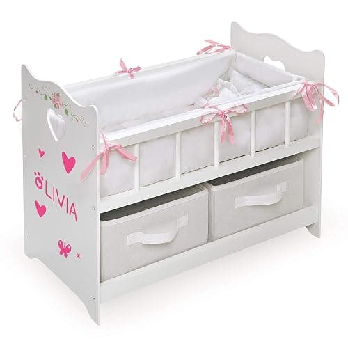 Badger Basket Wooden Doll Bed with Bed Liner, Pillows and Two Storage Baskets - Fits 18" Dolls - Ideal for Pretend Play and Baby Doll Fun - White/Rose Design with Free Personalization Kit thumbnail 3