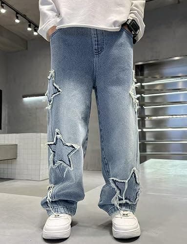 Happy Cherry Boys Baggy Star Denim Pants Pull On Elastic Waist Wide Leg Jeans Loose Vintage Cargo Jeans with Pockets thumbnail 3