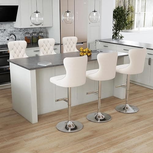 Swivel Bar Stools Set of 4, Velvet Height Adjustable Counter Chairs,Beige | Upholstered Modern Barstools with Button Tufted Back & Silver Footrest, For Dining Room Kitchen Island thumbnail 9