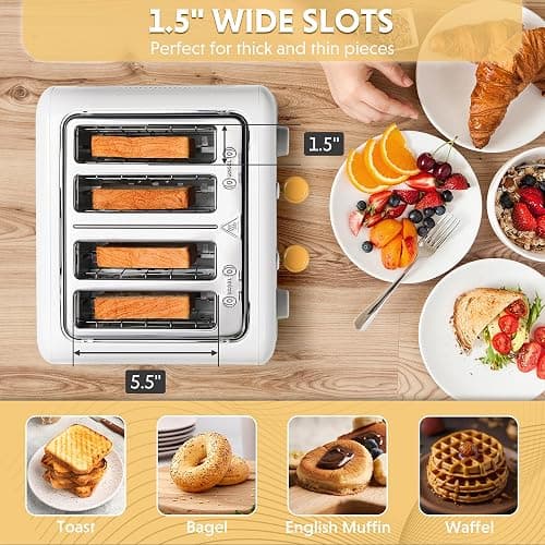 BUYDEEM DT640 4 Slice Toaster, Extra Wide Slots, Retro Stainless Steel with High Lift Lever, Bagel and Muffin Function, Removal Crumb Tray, 7-Shade Settings (Arctic White, 4-Slice) thumbnail 5