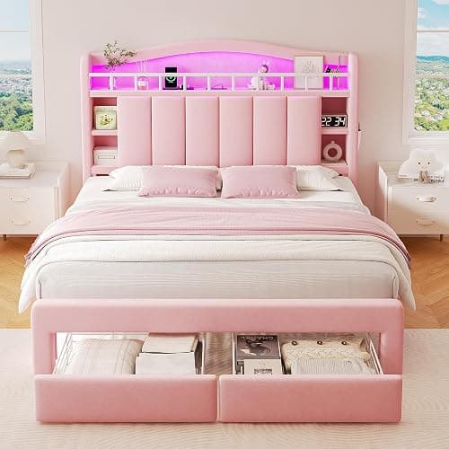 Full LED Bed Frame with Storage Headboard & 2 Storage Drawers, Princess Velvet Upholstered Bed with Vertical Tufted Headboard Design for Girls, USB & Type-C Charging Ports, Wooden Slats Support, Pink thumbnail 3