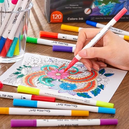 120 Colors Dual Tip Brush Marker Pens with 1 Coloring Book, Fineliner and Brush Dual Tip Markers Set, Water-based Ink Perfect for Kids Adult Artist Calligraphy Hand Lettering Journal Doodling Writing thumbnail 7