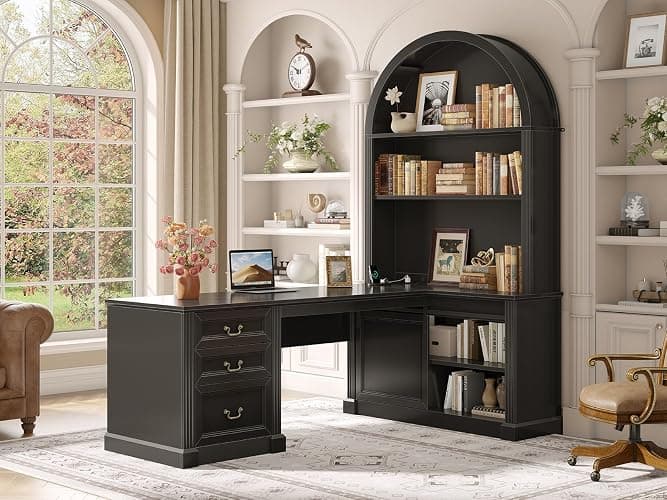 SEDETA 67" L Shaped Desk with Tall Arched Bookshelf & 3 Drawers Storage | Black Mid-Century Office Computer Desk with Hutch Shelves, Corner Executive Desk with Sliding Barn Door for Home Office - Image 1