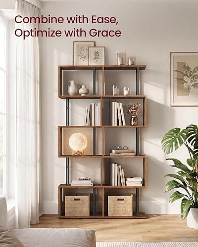 VASAGLE 6-Tier Bookshelf, S-Shaped Wood and Metal Bookcase, Tall Narrow Display Shelf, 15 x 9.4 x 61.9 in, for Living Room Storage, Rustic Brown and Matte Black, Barnet Collection ULLS172KD01 thumbnail 4