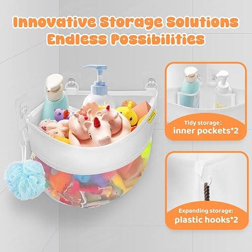Bath Toy Storage Corner Wall Mounted, 4.32 Gallons Bath Toy Holder, Bottom Zipper Mesh Bathtub Toys Storage Organizer Bag, Quick Access Baby Shower Caddy Quick Dry Bathtub Toys Holder Accessory thumbnail 5