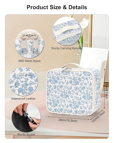 Relavel Travel Makeup Bag with LED Mirror, Portable Cosmetic Train Case with 3 Color Lighted Brightness Mirror, Makeup Artist Organizer Storage with Adjustable Dividers Make Up Box - Blue Flower thumbnail 2