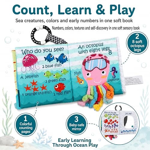 Fish Baby Books Toys, Touch Feel Cloth Crinkle Books for Babies,Baby Infant Toys 0-6, 6-12,12-18 Months,Newborn,Early Learning Education, Baby Gifts Shower for Boys Girls,Teething, Mirror,Shark Ocean thumbnail 4