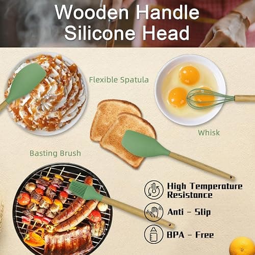 MYKUJA Silicone Cooking Utensils Set, Heat Resistant Kitchen Utensils Set, Spatula,Turner Tongs,Spoon,Brush,Whisk, Cooking Kitchen Utensils Spatula Set, Nonstick Cookware（sage green） - Sage Green thumbnail 7