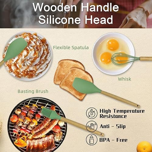MYKUJA Silicone Cooking Utensils Set, Heat Resistant Kitchen Utensils Set, Spatula,Turner Tongs,Spoon,Brush,Whisk, Cooking Kitchen Utensils Spatula Set, Nonstick Cookware（sage green） - Sage Green thumbnail 7