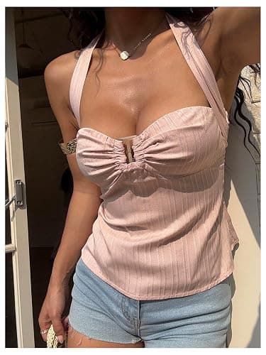 Milumia Women's Buckle Tie Backless Halter Top Y2k Pleated Going Out Tank Tops thumbnail 2