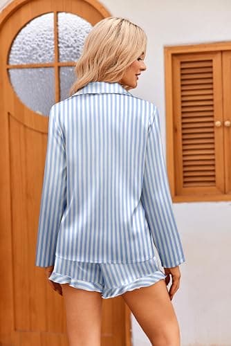 Ekouaer Womens Satin Pajama Sets Long Sleeve Top and Shorts Lounge Set Button Down Sleepwear thumbnail 5