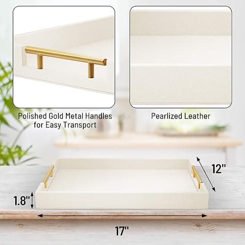 ATZYmolin 17" x 12" Wood Serving Tray with Gold Polished Metal Handles, Home Decorative Wooden Rectangle Ottoman Leather Decor Platter Bathroom Vanity Tray for All Occasions White thumbnail 3