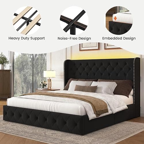 LARMACE King Size Bed Frame with LED Lights and 4 Storage Drawers Velvet Upholstered Platform Bed Frame with 47.2" Tall Tufted Headboard Wingback, No Box Spring Needed, Easy to Assemble, Black thumbnail 8