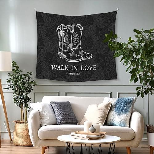 WAITPI Christian Western Cowgirl Boots Bow Hanging Wall Tapestry for Girly Room Bedroom Decor, Black Walk in Love Trendy Walls Tapestry, Floral Wall Hanging for Teen Girls Dorm Y2k Room Decor 50x60in thumbnail 2