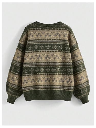 MakeMeChic Women's Fall Sweaters Grandpa Vintage Striped Oversized Long Sleeve Drop Shoulder Crew Neck Brown Knit Sweater thumbnail 2